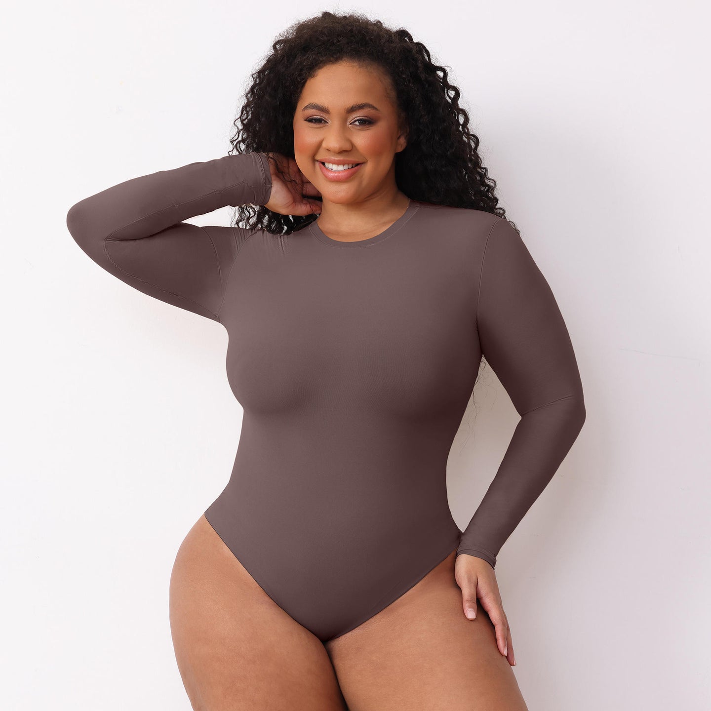 JIYUE Women's Tummy Control Bodysuit - Seamless Shapewear Jumpsuit with Long Sleeves & Thong Back