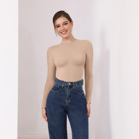 JIYUE Women's Tummy Control Bodysuit - Seamless Shapewear Jumpsuit with Long Sleeves & Thong Back