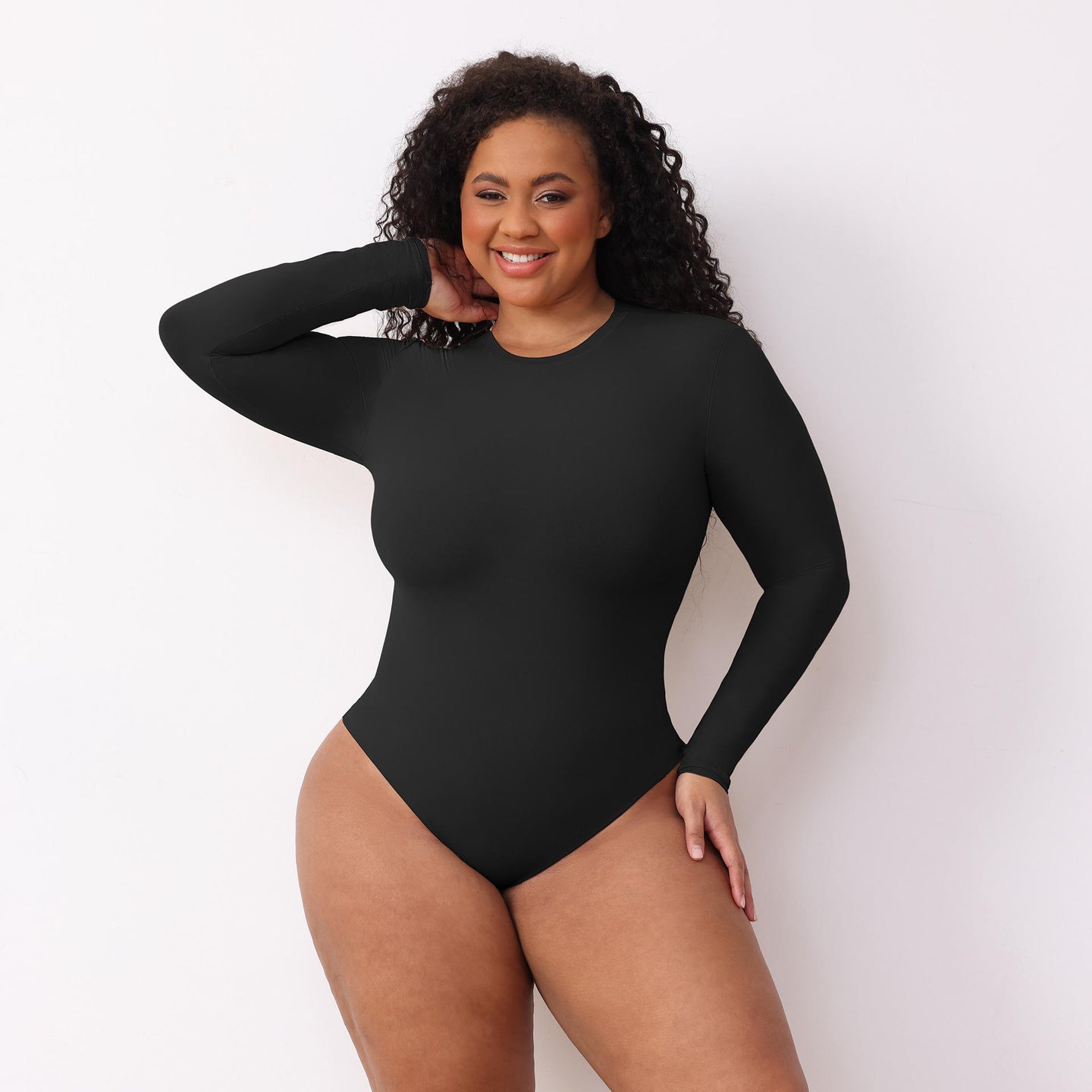 JIYUE Women's Tummy Control Bodysuit - Seamless Shapewear Jumpsuit with Long Sleeves & Thong Back