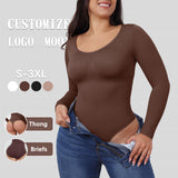 JIYUE Women's Tummy Control Bodysuit - Seamless Shapewear Jumpsuit with Long Sleeves & Thong Back