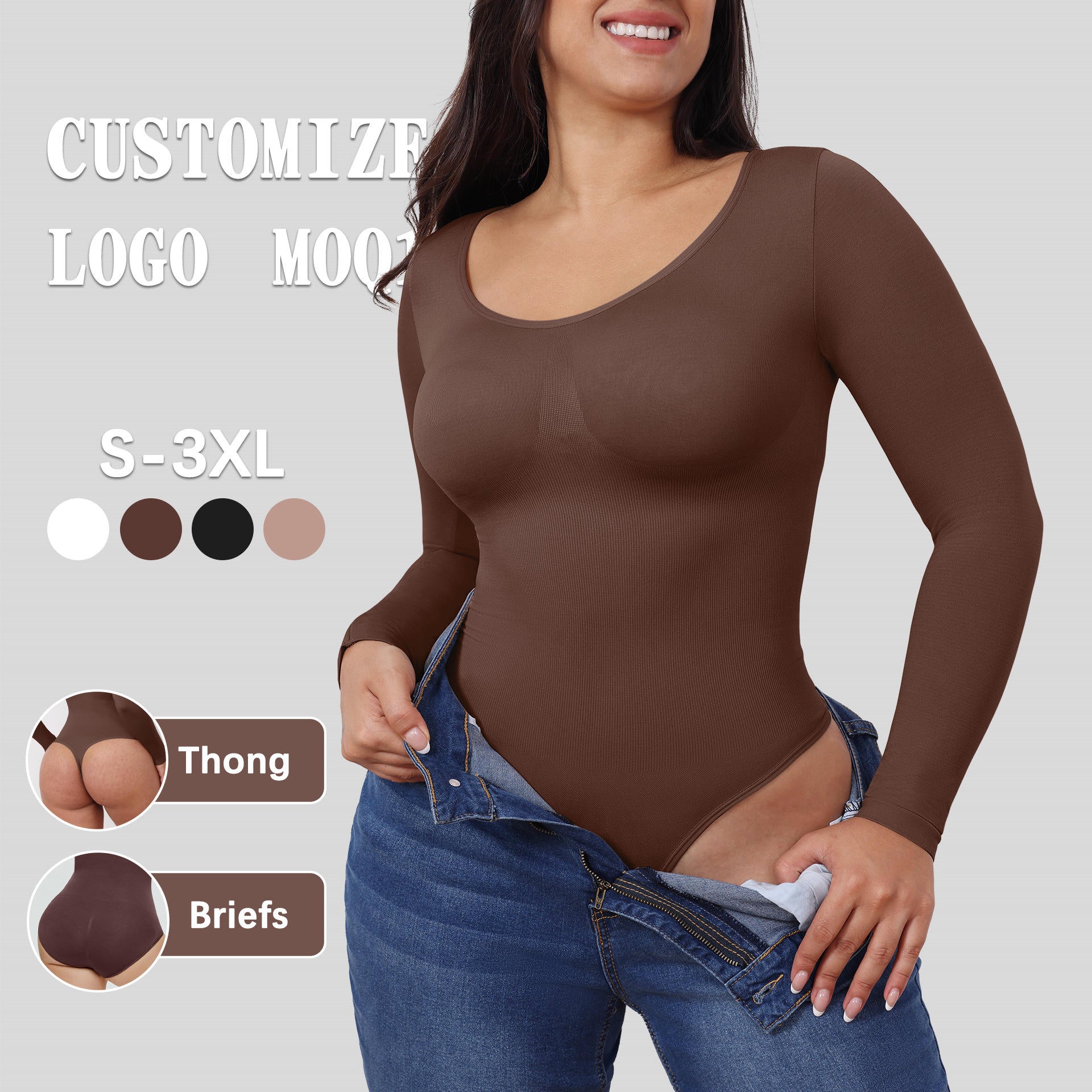 JIYUE Women's Tummy Control Bodysuit - Seamless Shapewear Jumpsuit with Long Sleeves & Thong Back