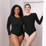 JIYUE Women's Tummy Control Bodysuit - Seamless Shapewear Jumpsuit with Long Sleeves & Thong Back
