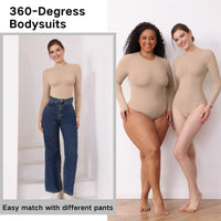 JIYUE Women's Tummy Control Bodysuit - Seamless Shapewear Jumpsuit with Long Sleeves & Thong Back