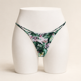JIYUE botanical green floral cotton-knit low-rise thong on an AI-generated white apparel form