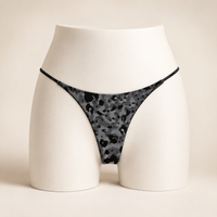 JIYUE grey leopard printed cotton-knit low-rise thong on an AI-generated white apparel form