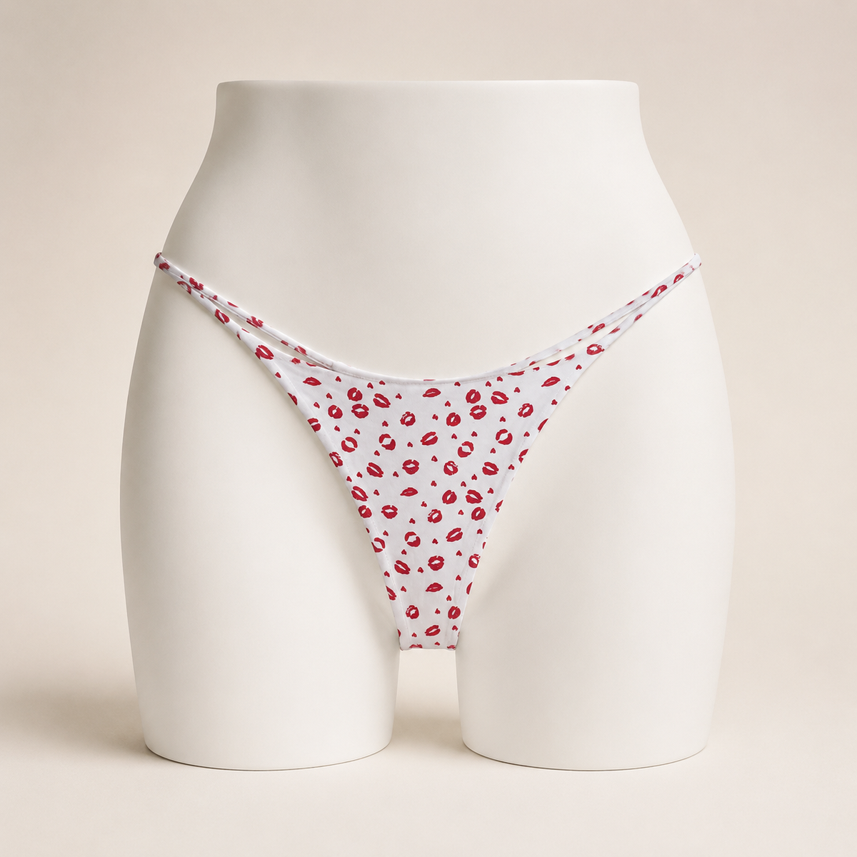 JIYUE white and red kiss-print cotton-knit low-rise thong on an AI-generated white apparel form