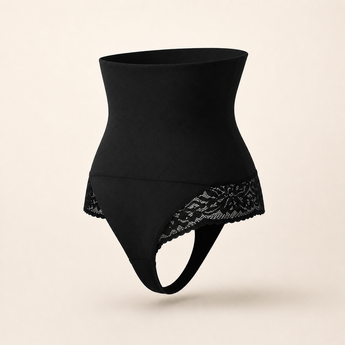 JIYUE black high-waist lace shaping thong in a hollow ghost-mannequin rear three-quarter view