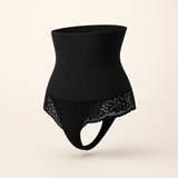 JIYUE black high-waist lace shaping thong in a hollow ghost-mannequin front view rotated 45 degrees left