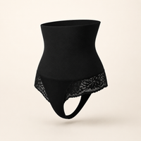 JIYUE black high-waist lace shaping thong in a hollow ghost-mannequin front view rotated 45 degrees left