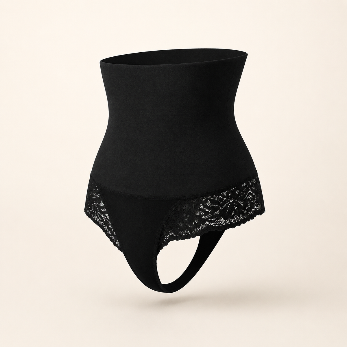 JIYUE black high-waist lace shaping thong in a hollow ghost-mannequin front view rotated 45 degrees left