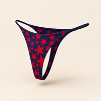 JIYUE red and navy star-print cotton-knit low-rise thong front rotated 45 degrees left in a ghost-mannequin view