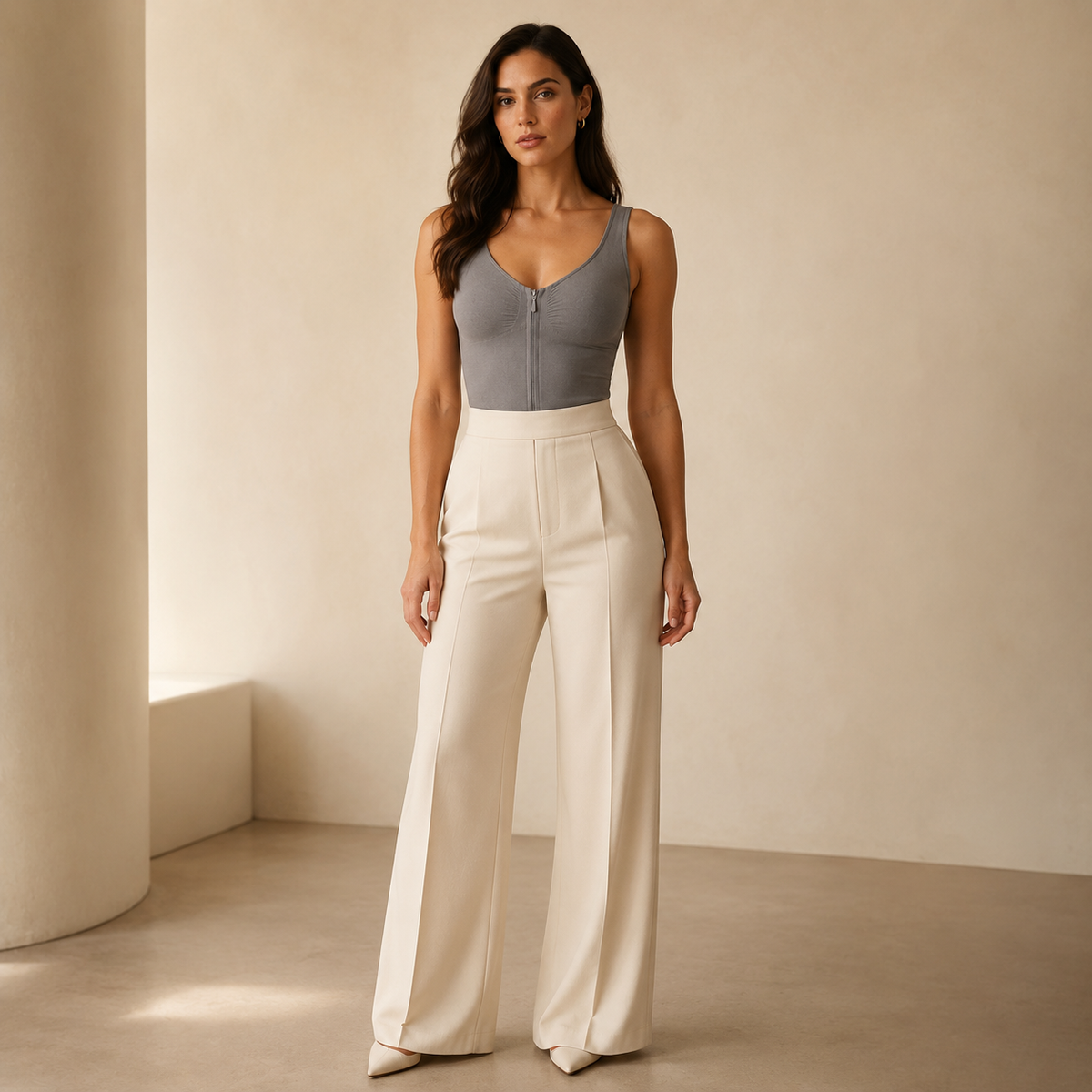 AI fashion model styling the JIYUE gray zip-front shaping bodysuit with cream trousers
