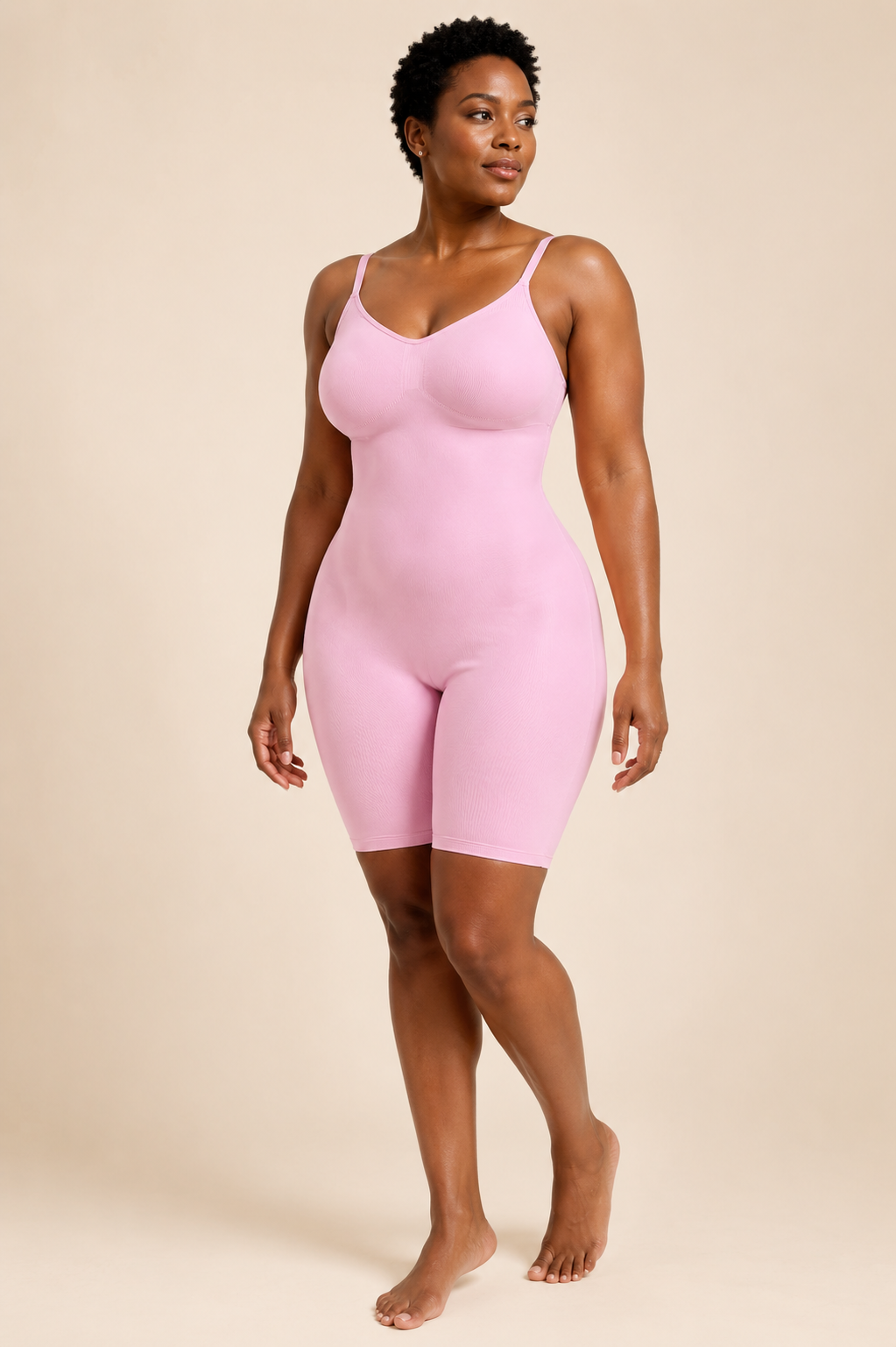 Original AI model wearing JIYUE pink seamless shaping romper